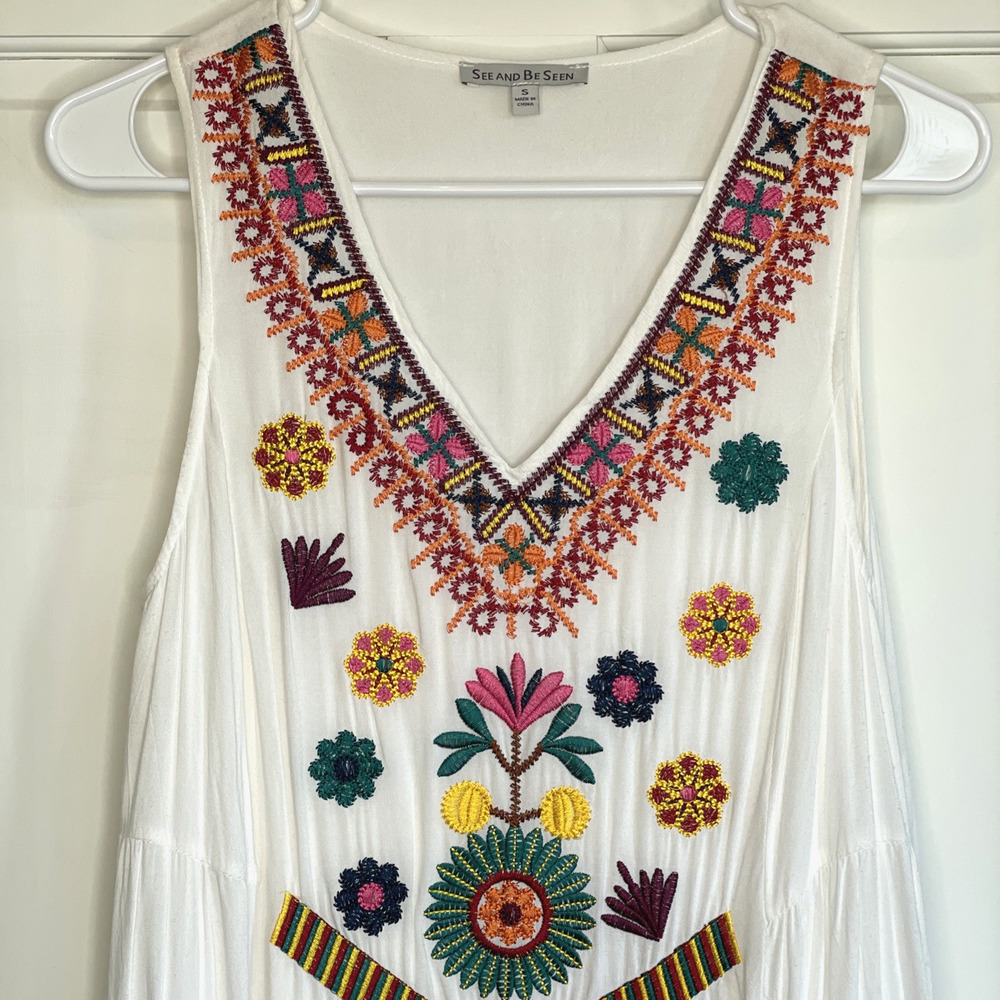 See and Be Seen Women's Floral Embroidered Midi Tiered Dress Size S Boho Peasant - Picture 2 of 13